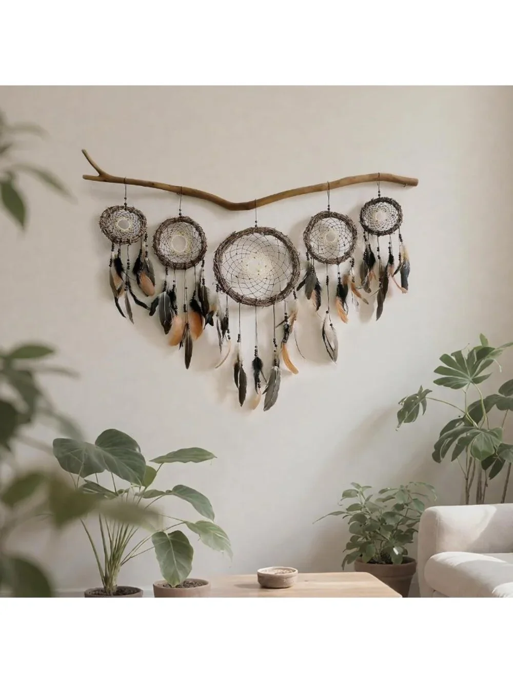 Boho Dream Catcher Wall Art Set - 5 Handmade Rattan Feathers, Rustic Decor